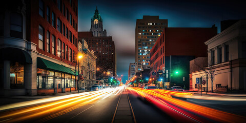 Obraz premium long exposure lights, traffic at night in the city, generative ai