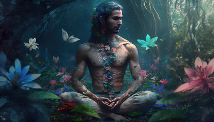 portrait of a zen meditating person in a calm colorful environment, generative ai