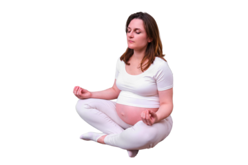 A pregnant woman and a pet do yoga sitting on a sofa in a living room, isolated on a white background