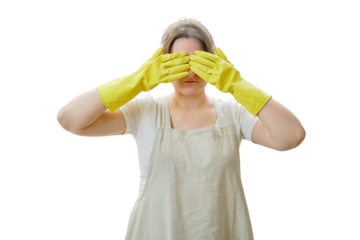 The woman is ashamed and she covered her eyes with her hand while cleaning in the home kitchen, isolated on a white background