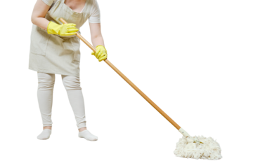 A woman in an apron cleans the floor with a mop in a home kitchen, isolated on a white background