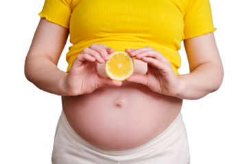 Half a lemon in the hands of a pregnant woman, isolated on a white background