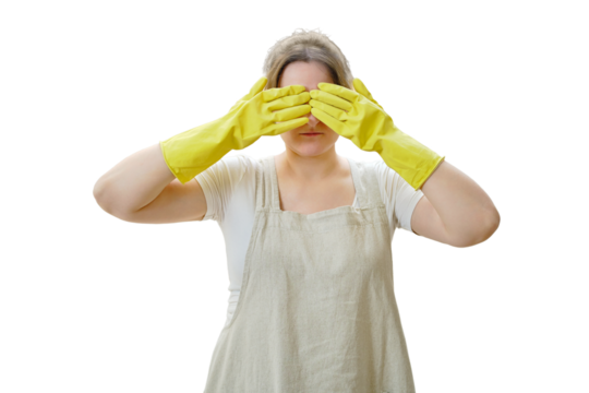 The woman is ashamed and she covered her eyes with her hand while cleaning in the home kitchen, isolated on a white background