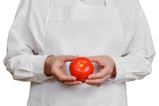 Man chef with tomato in hands on isolated on a white background, copy space