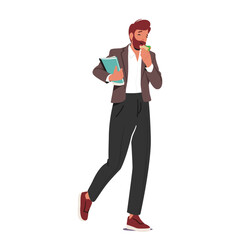 Male Teacher Character Holding Books While Eating On The Go. School Tutor Busy Lifestyle, Education, Healthy Snack