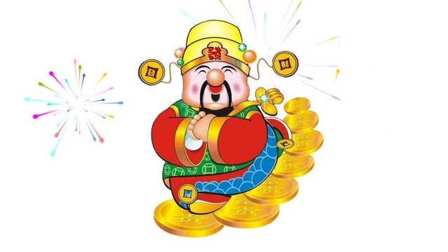 chinese cartoon character sitting on  gold coins background and 2d animation 
