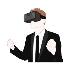 The young man in a suit with virtual reality glasses on his head isolated on white background