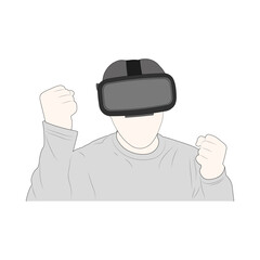 The young man enjoys using virtual reality glasses on white background