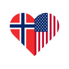 unity concept. heart shape icon of norway and united states flags. vector illustration isolated on white background