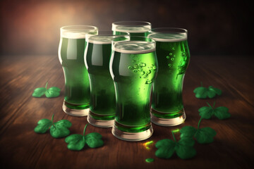 Glasses of green beer for St Patricks Day. AI generated image.