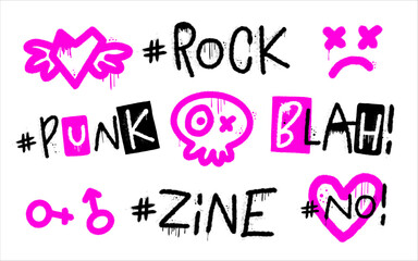 Graffiti grunge urban street art. Punk retro style set. Spray effect for print tee and poster design. Cyberpunk artwork design. 80s, 90s, 00s style.