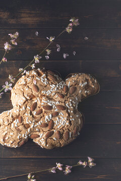 Сolomba pasquale - Italian sweet Easter bread or cake with almonds and powdered sugar and candied fruits. The baked dove is a symbol of Christ and the Easter holiday