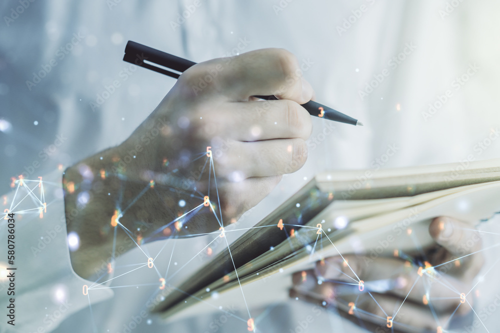 Poster creative abstract wireless technology hologram and man hand writing in diary on background, artifici