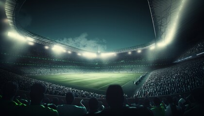 Night, soccer stadium, Full of fans in the audience, floodlights, green lawn, blurry, AI generated