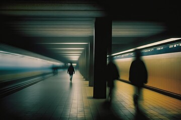 The subway spaces, there are people walking around, long exposure, liminal place, AI generated
