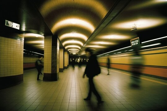 The subway spaces, there are people walking around, long exposure, liminal place, AI generated
