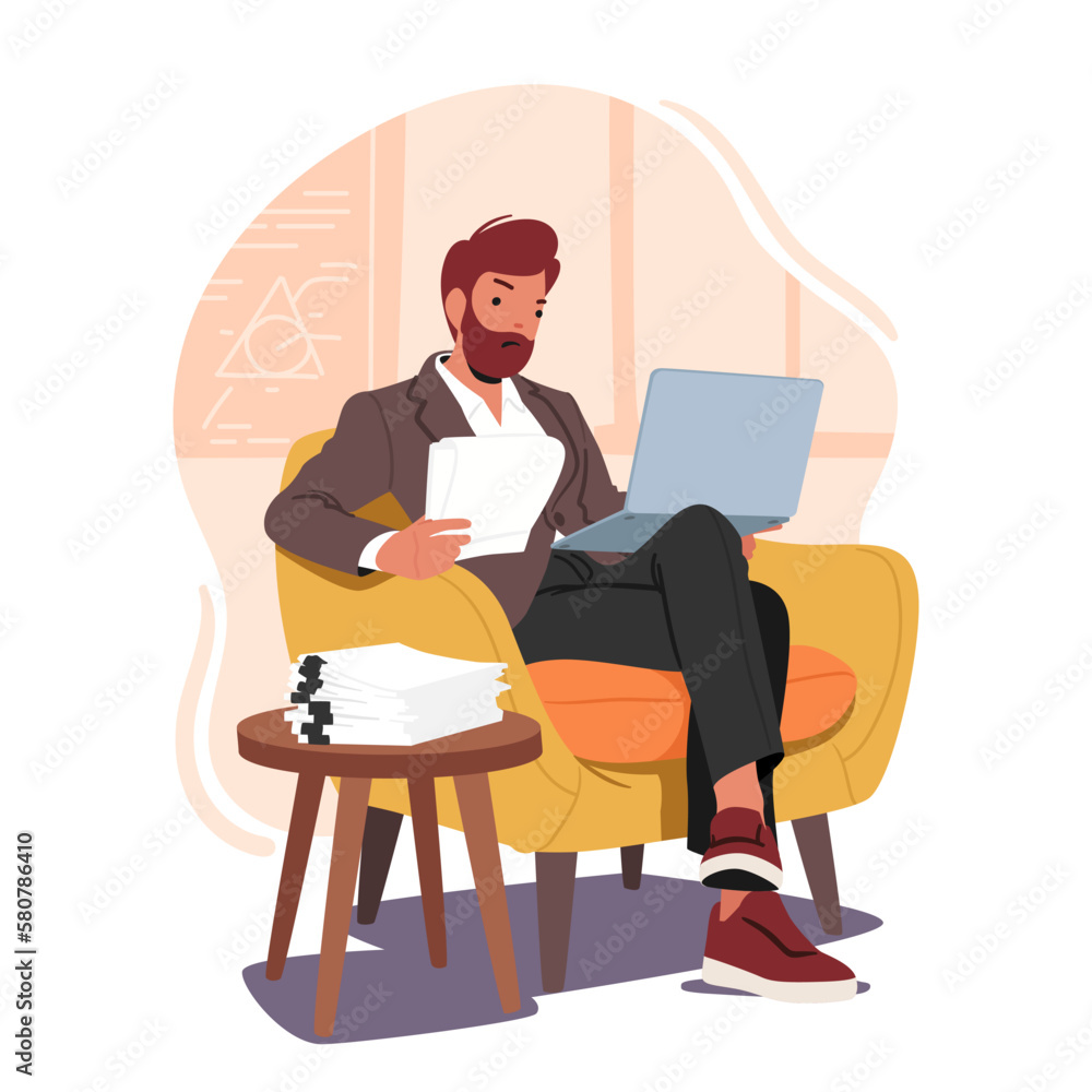 Poster male teacher character in classroom, holding notebook while grading tests. educator in assessing stu