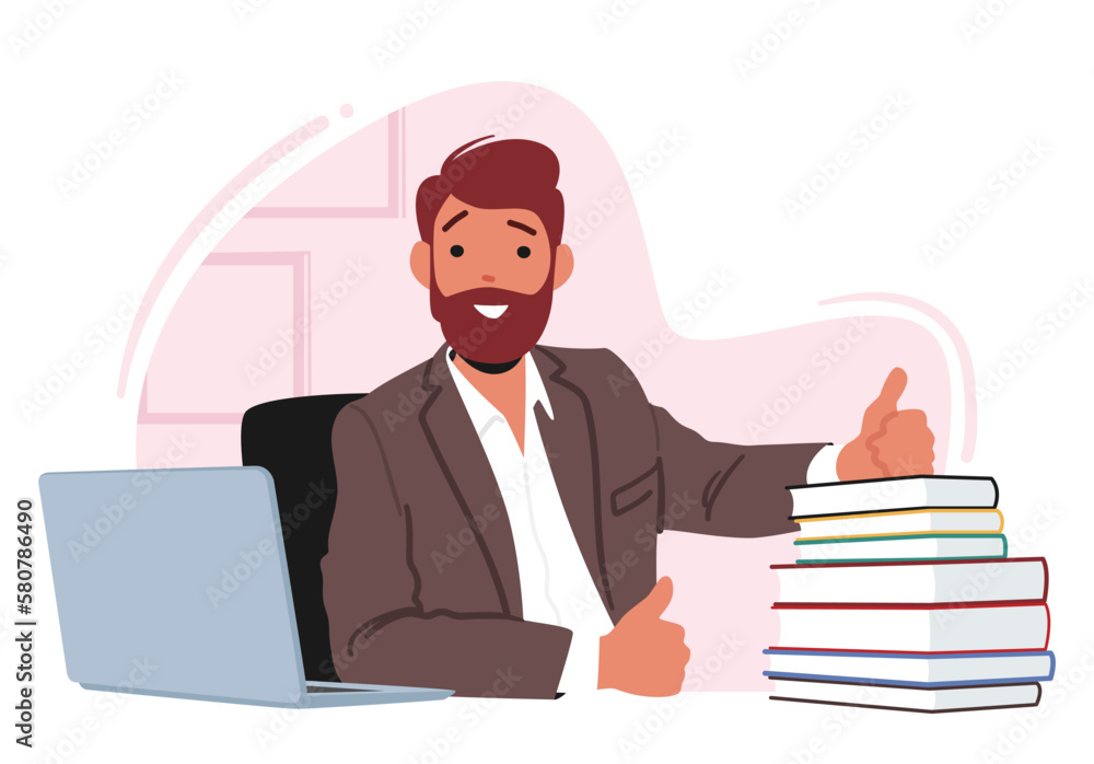 Poster male teacher character smiling and showing thumb up gesture while sitting at desk with laptop and pi