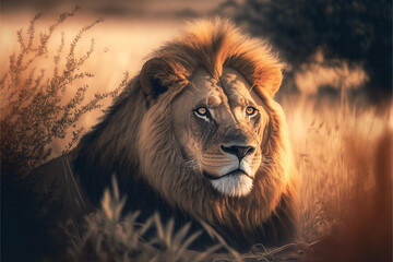 Naklejka premium A strong lion with serious expression on his face.