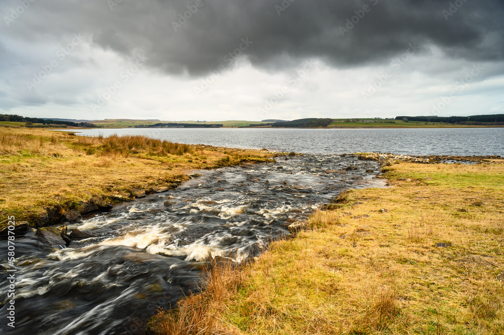 Sticker Burn enters Derwent Reservoir. The River Derwent formed in the North Pennines and flows through its reservoir between the boundaries of Durham and Northumberland as a tributary of the River Tyne