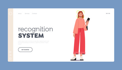 Facial Recognition Technology Landing Page Template. Female Character Scanning Face Id on Smartphone, Identification