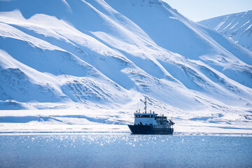 Ship incomming a Svalbard fjord - obrazy, fototapety, plakaty