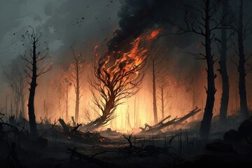 hellfire, wildfire in a mountain forest smoke background,generative ai.