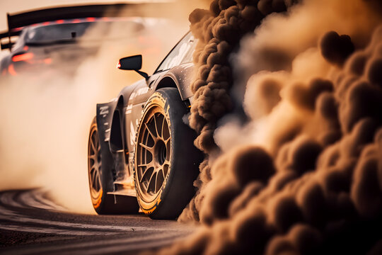 Car drifting. Blurred image diffusion race drift car with lots of smoke from burning tires on speed track, illustration ai generative