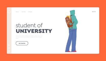 Student of University Landing Page Template. Rear View Of Teenager Carrying Open Backpack with Book Vector Illustration