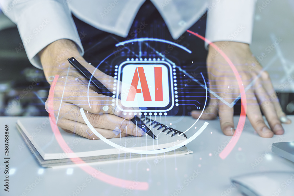 Poster double exposure of creative artificial intelligence abbreviation with hand writing in notepad on bac