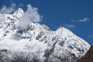 View of Mansiri Himal and Manaslu mountain, a small, high mountain range of the Himalayas in north-central Nepal