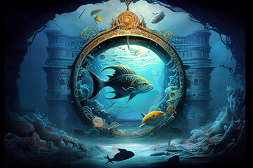 Mythical underwater city Atlantis, generative ai illustration depicting a lost civilization's remnants amidst marine life