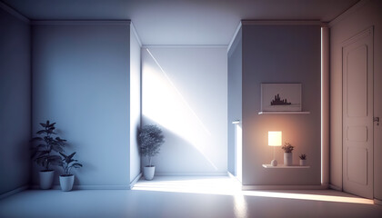 Room interior with a ray of sun on the wall, generative AI.