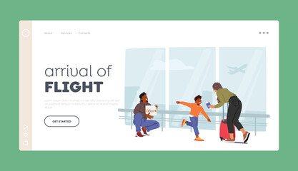 Arrival of Flight Landing Page Template. Father and Son Meet Mother in Airport After A Prolonged Separation