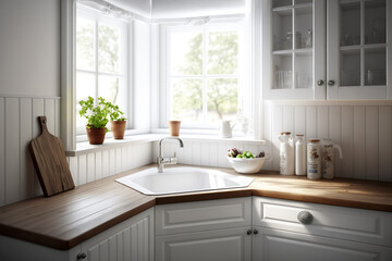 Corner sink in a white kitchen. Generative Ai.