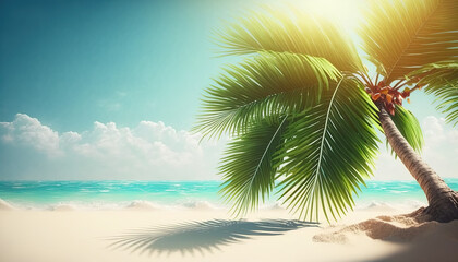 Illustration of tropical nature clean beach and white sand in summer with palm tree. Tropical beach with palm trees and a lot of copy space. 3D realistic illustration. Based on Generative AI