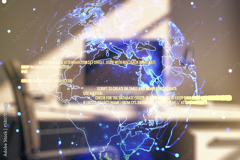 Poster double exposure of abstract creative programming illustration with world map and modern desk with co