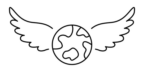 Planet with wings vector icon. World travel vector icon. World peace vector. Flying planet icon. Angel wings behind the planet vector.
