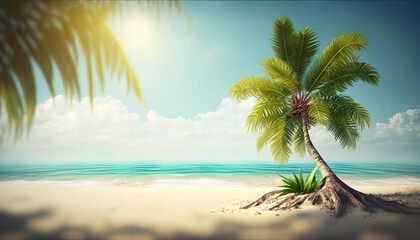 Fototapeta na wymiar Illustration of tropical nature clean beach and white sand in summer with palm tree. Tropical beach with palm trees and a lot of copy space. 3D realistic illustration. Based on Generative AI