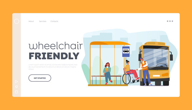 Accessibility And Inclusivity for Public Transportation Landing Page Template. Female Character on Wheelchair Use Ramp