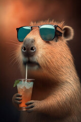 Capybara looks cool in sunglasses and a drink summer cold cocktail. AI generated