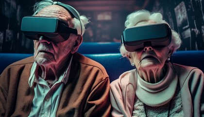 Old couple in VR glasses at virtual reality cinema. AI generated