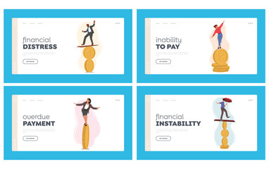 Financial Instability, Risk Landing Page Template Set. Business Characters Balance On Coin. Investments, Downturns