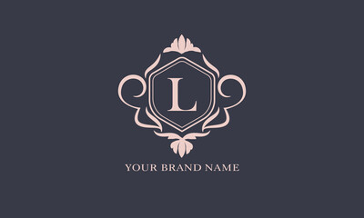 Exquisite baroque pattern. Floral ornament with initial letter L. Vintage frame, greeting card, wedding invitation. Vector logo template, label, business sign.