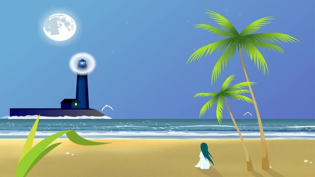 beach background and 2d animation, lighthouse, cartoon girl rearview, trees, moon, lady. natural scene