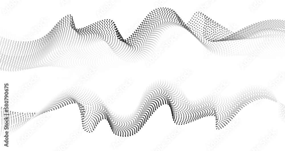 Poster Flowing dots particles wave pattern in halftone black and white gradient curve shape isolated on transparent background. Concept of technology, science, music, AI. Vector. 