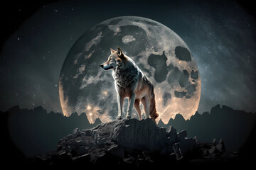 Wolf on the background of the moon. The wolf is on the moon. AI generation