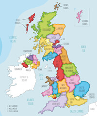 Fototapeta premium Vector illustrated map of UK with administrative divisions, and neighbouring countries. Editable and clearly labeled layers.