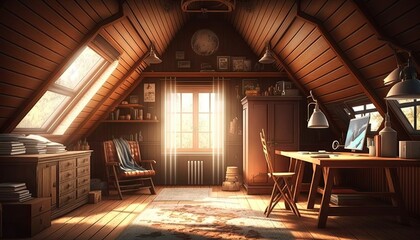 Fototapeta na wymiar wooden attic room