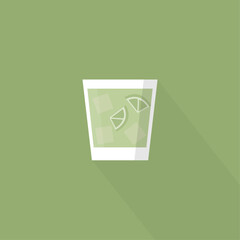 Little mojito drink with straw and lime in a glass with ice on a green background, simplified vector illustration in flat and vintage style